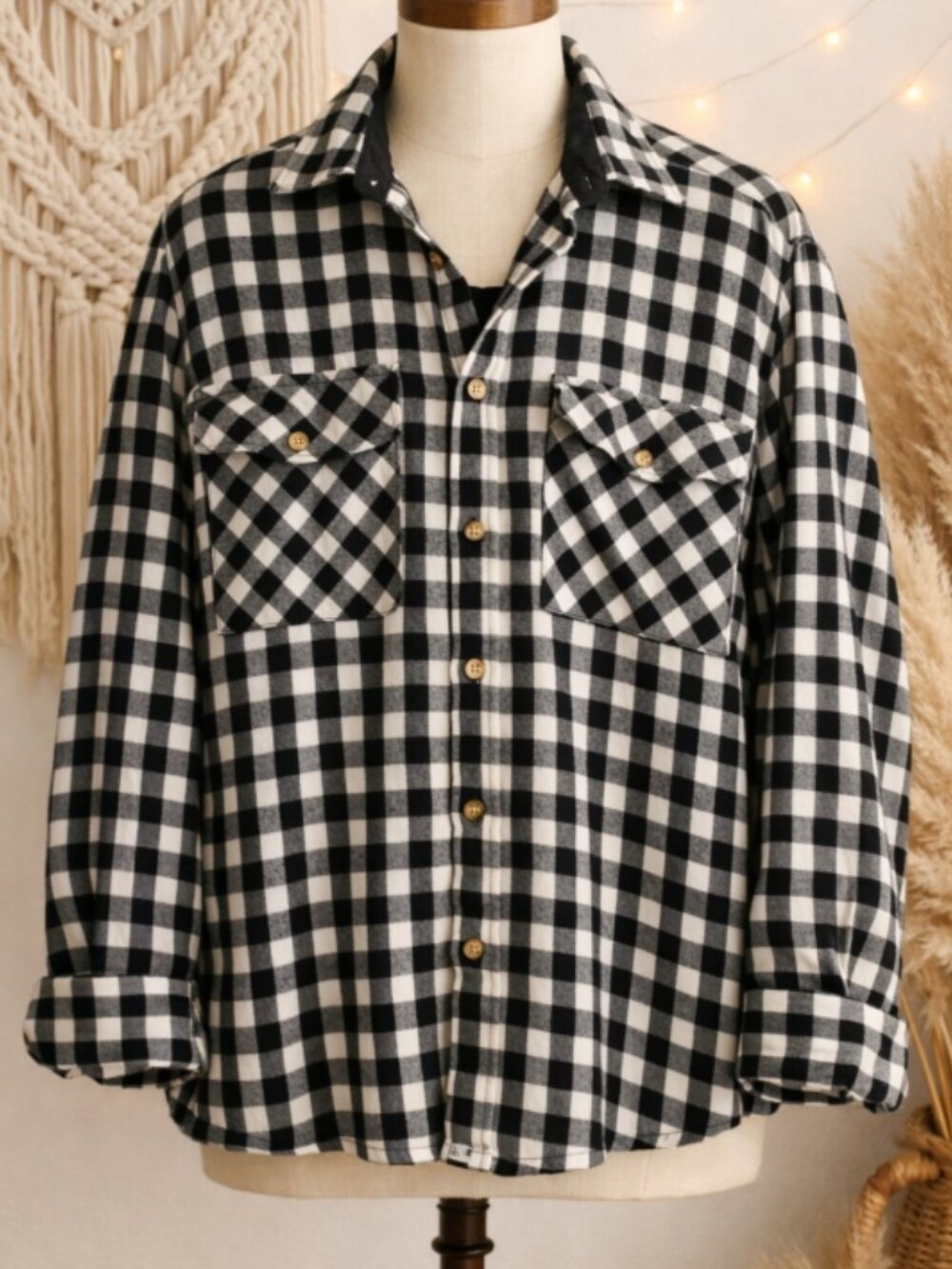 Vintage Backpacker Black White Checkered Button-Up Shirt L Workwear Outdoor